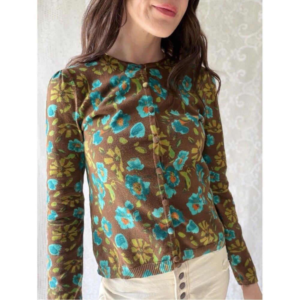 Vintage Style Brown Floral Cardigan Blue Flower Button Front Cottagecore - Picture 7 of 12